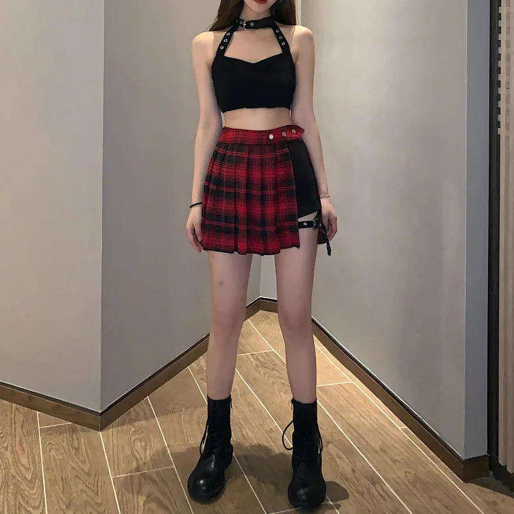 Red Pleated Skirts Streatwear plaid Side Button skirt womens Casual Mini Skirt All Match Women Short Skirt Fashion Tartan