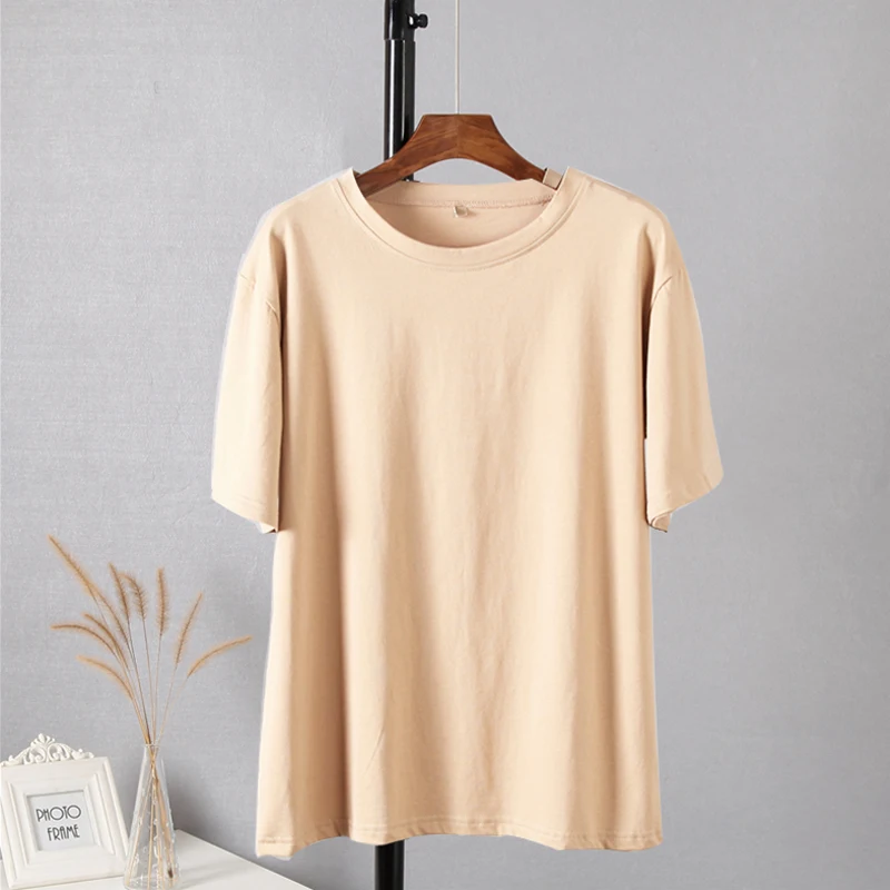 Hirsionsan Trendy 100% Cotton T Shirts for Women Summer Soft O-neck Short Sleeve Solid Tees Female Simple Loose Streetwear Tops
