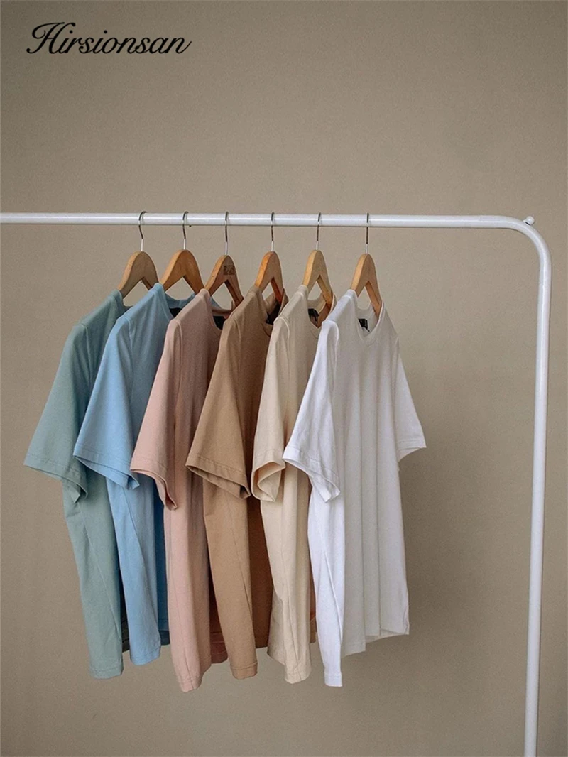 Hirsionsan Trendy 100% Cotton T Shirts for Women Summer Soft O-neck Short Sleeve Solid Tees Female Simple Loose Streetwear Tops