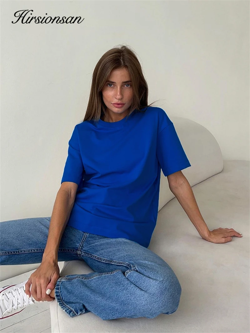 Hirsionsan Trendy 100% Cotton T Shirts for Women Summer Soft O-neck Short Sleeve Solid Tees Female Simple Loose Streetwear Tops