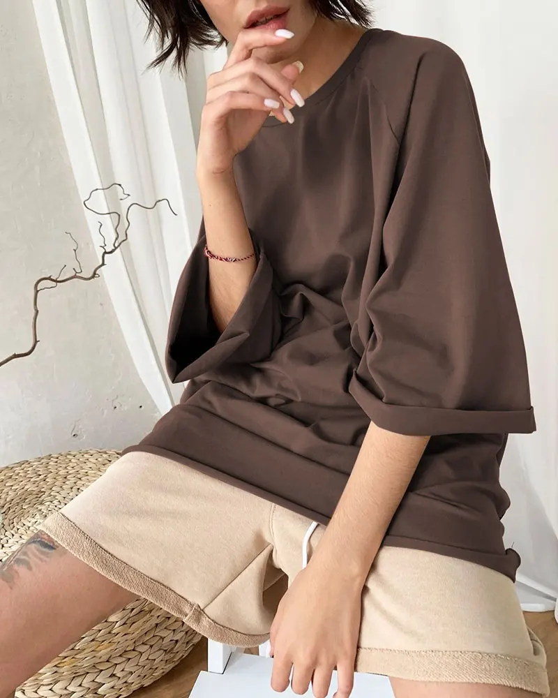 Hirsionsan Summer Cotton Loose Sets Women 2023 Oversized Two Pieces T Shirts and High Waist Knitted Shorts Outfits Tracksuit