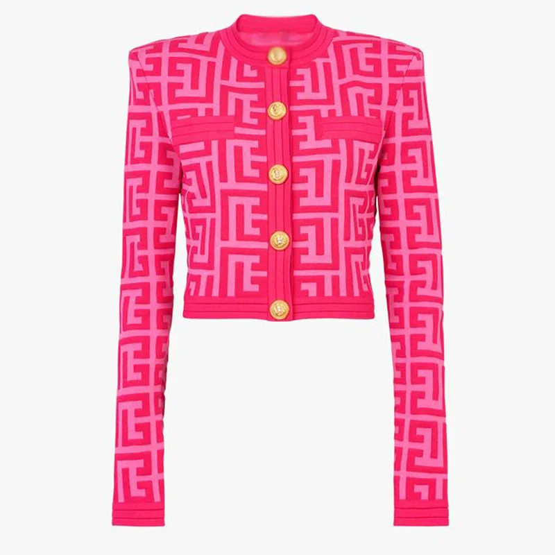 HIGH STREET Newest 2026 Designer Jacket Women's Lion Buttons Monogram Geometric Jacquard Knitted Sweater Cardigan