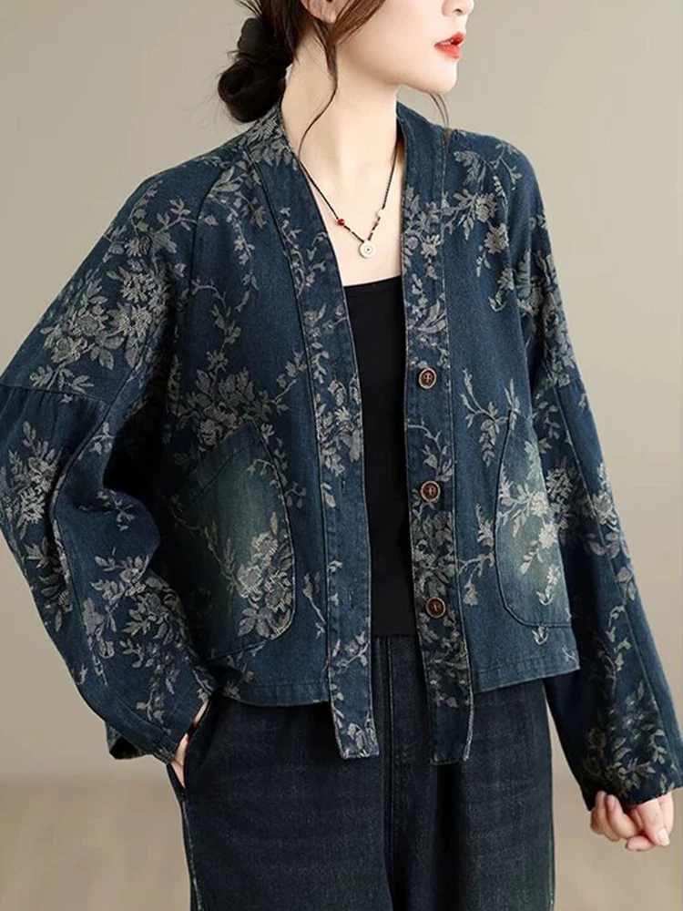 Amax LuluE 2026 Chinese Fashion Womens Loose Luxury Printed Denim Jackets Ladies Classic Casual Vintage Floral Oversized Coats
