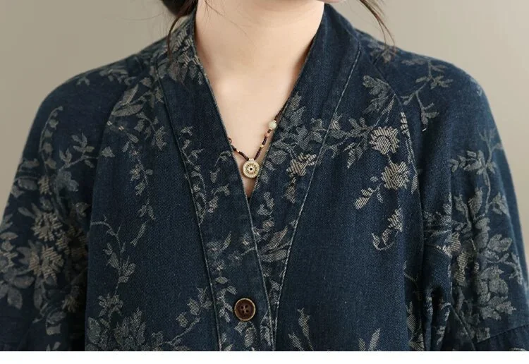 Amax LuluE 2026 Chinese Fashion Womens Loose Luxury Printed Denim Jackets Ladies Classic Casual Vintage Floral Oversized Coats