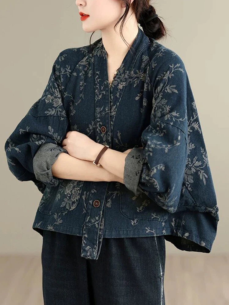 Amax LuluE 2026 Chinese Fashion Womens Loose Luxury Printed Denim Jackets Ladies Classic Casual Vintage Floral Oversized Coats
