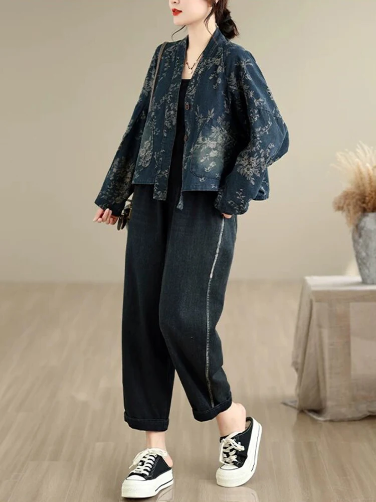 Amax LuluE 2026 Chinese Fashion Womens Loose Luxury Printed Denim Jackets Ladies Classic Casual Vintage Floral Oversized Coats