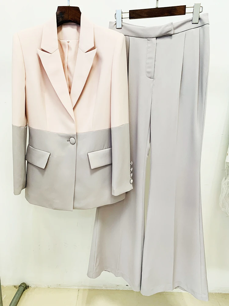 HIGH STREET Newest 2026 S/S Runway Designer Suit Set Women's Career Fashion Single Button Color Block Blazer Wide Pants Suit