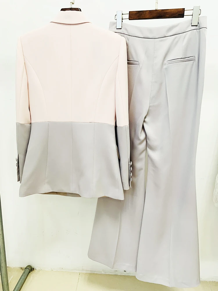 HIGH STREET Newest 2026 S/S Runway Designer Suit Set Women's Career Fashion Single Button Color Block Blazer Wide Pants Suit