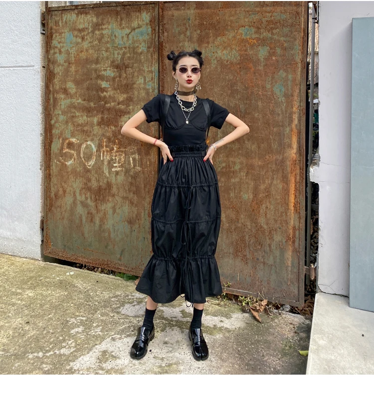 CHEERART Desinger High Waisted Skirts Womens 2021 Fall Fashion Drawstring Ruched Long Midi Goth Skirt With Leather Belt Clothing