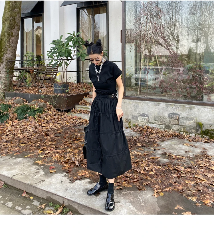 CHEERART Desinger High Waisted Skirts Womens 2021 Fall Fashion Drawstring Ruched Long Midi Goth Skirt With Leather Belt Clothing