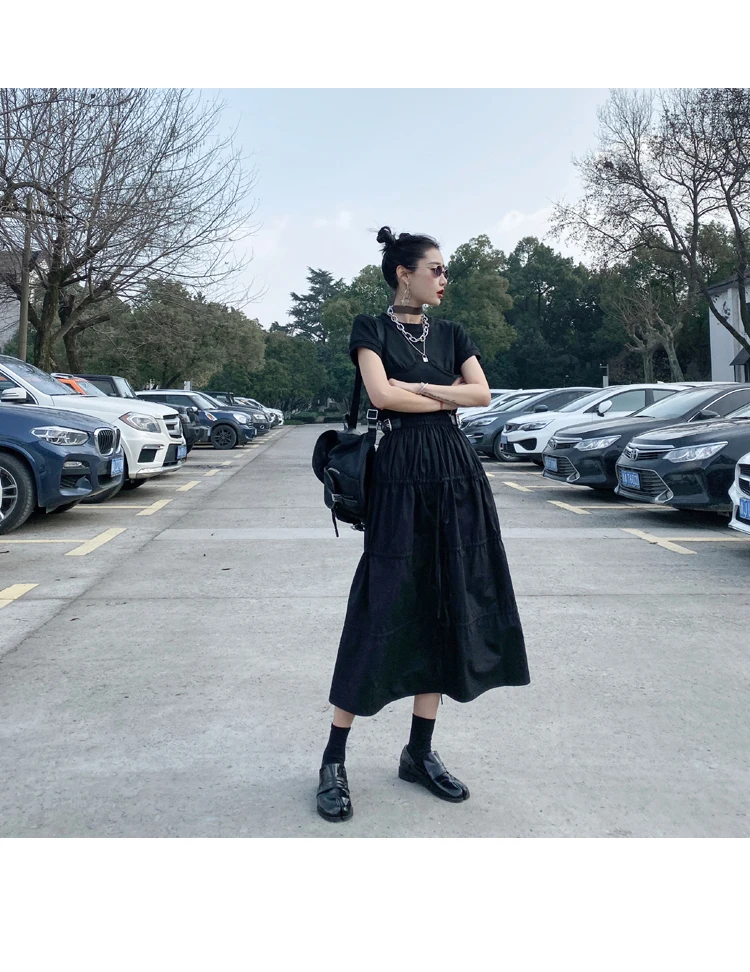 CHEERART Desinger High Waisted Skirts Womens 2021 Fall Fashion Drawstring Ruched Long Midi Goth Skirt With Leather Belt Clothing