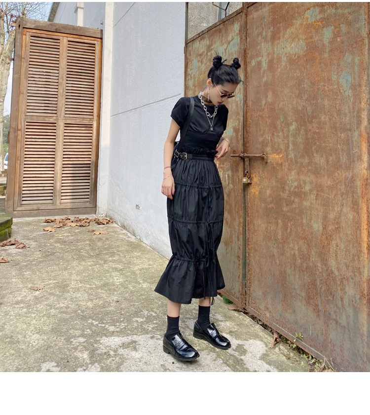 CHEERART Desinger High Waisted Skirts Womens 2021 Fall Fashion Drawstring Ruched Long Midi Goth Skirt With Leather Belt Clothing