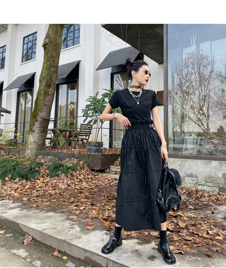 CHEERART Desinger High Waisted Skirts Womens 2021 Fall Fashion Drawstring Ruched Long Midi Goth Skirt With Leather Belt Clothing