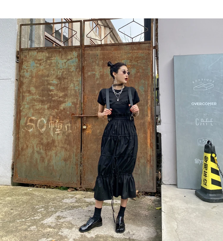 CHEERART Desinger High Waisted Skirts Womens 2021 Fall Fashion Drawstring Ruched Long Midi Goth Skirt With Leather Belt Clothing