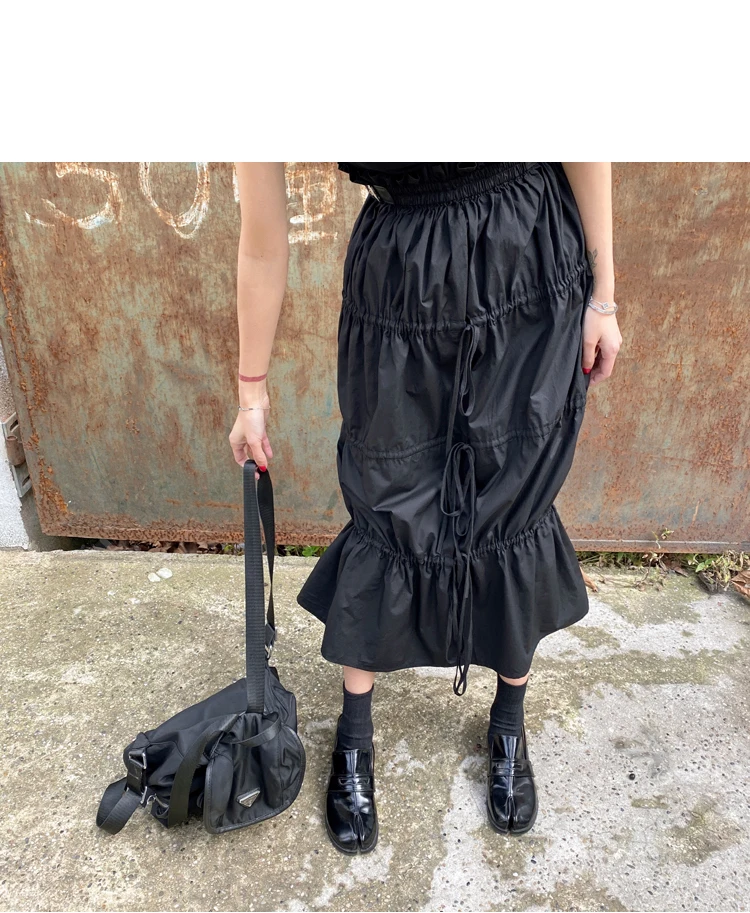 CHEERART Desinger High Waisted Skirts Womens 2021 Fall Fashion Drawstring Ruched Long Midi Goth Skirt With Leather Belt Clothing