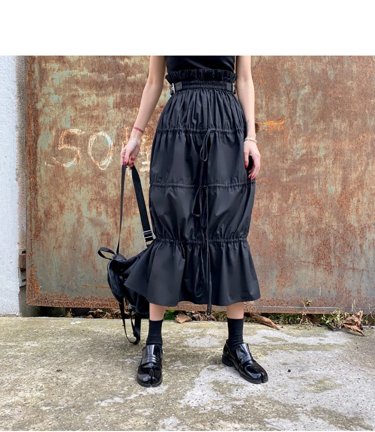 CHEERART Desinger High Waisted Skirts Womens 2021 Fall Fashion Drawstring Ruched Long Midi Goth Skirt With Leather Belt Clothing