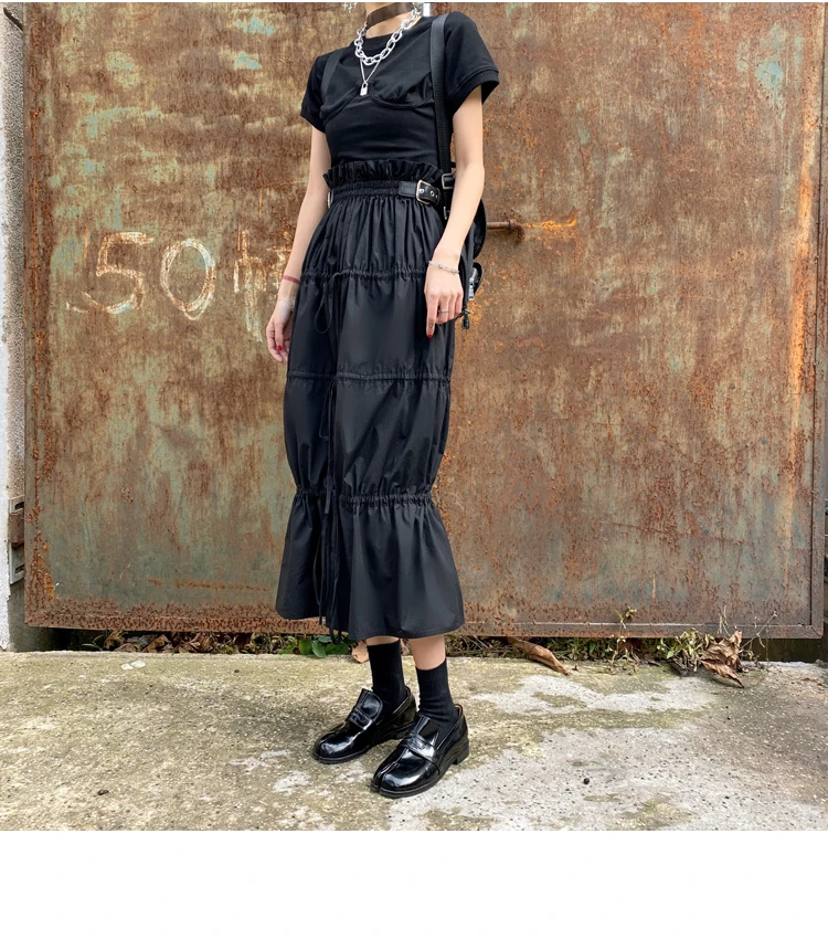 CHEERART Desinger High Waisted Skirts Womens 2021 Fall Fashion Drawstring Ruched Long Midi Goth Skirt With Leather Belt Clothing