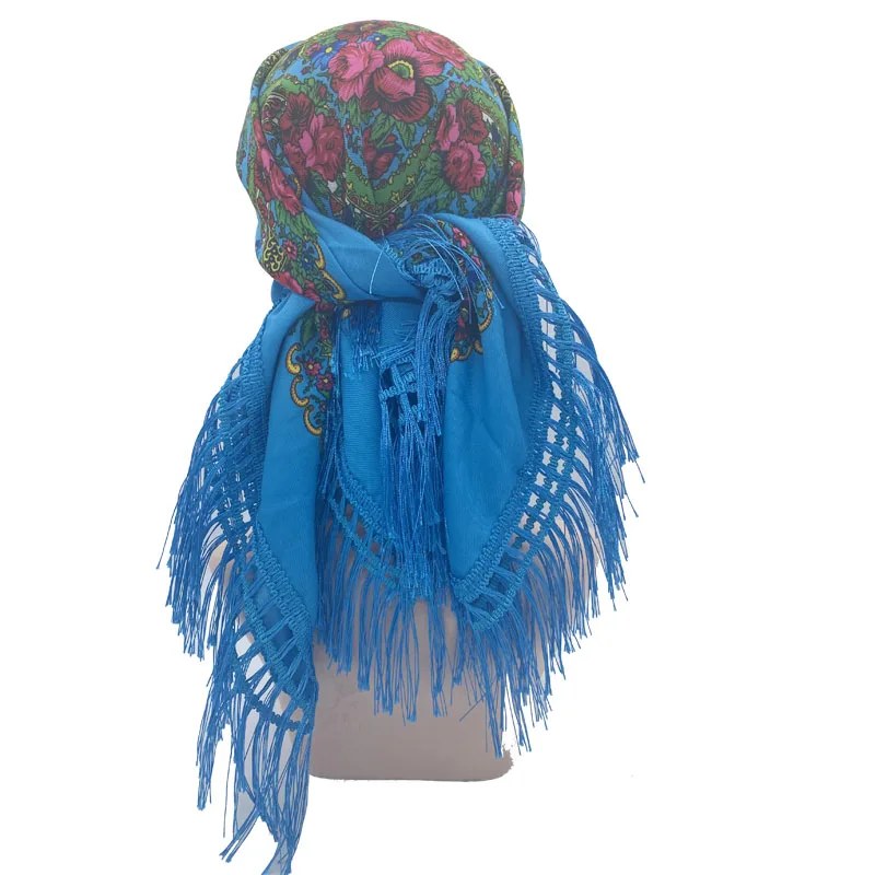 Russian Shawls Female Headwrap Floral Printed Fringed National Scarf Retro Handkerchief Women's Square Headscarf Tassels Bandana