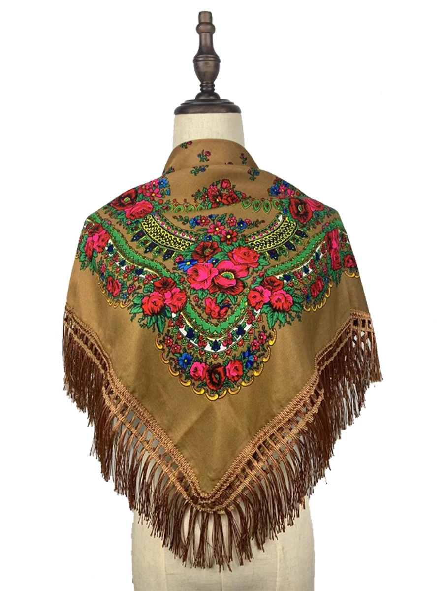 Russian Shawls Female Headwrap Floral Printed Fringed National Scarf Retro Handkerchief Women's Square Headscarf Tassels Bandana