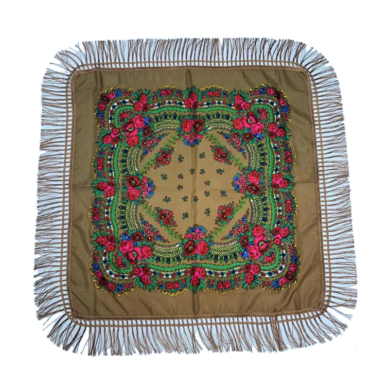 Russian Shawls Female Headwrap Floral Printed Fringed National Scarf Retro Handkerchief Women's Square Headscarf Tassels Bandana