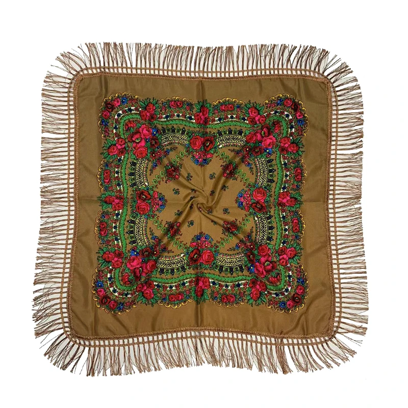 Russian Shawls Female Headwrap Floral Printed Fringed National Scarf Retro Handkerchief Women's Square Headscarf Tassels Bandana
