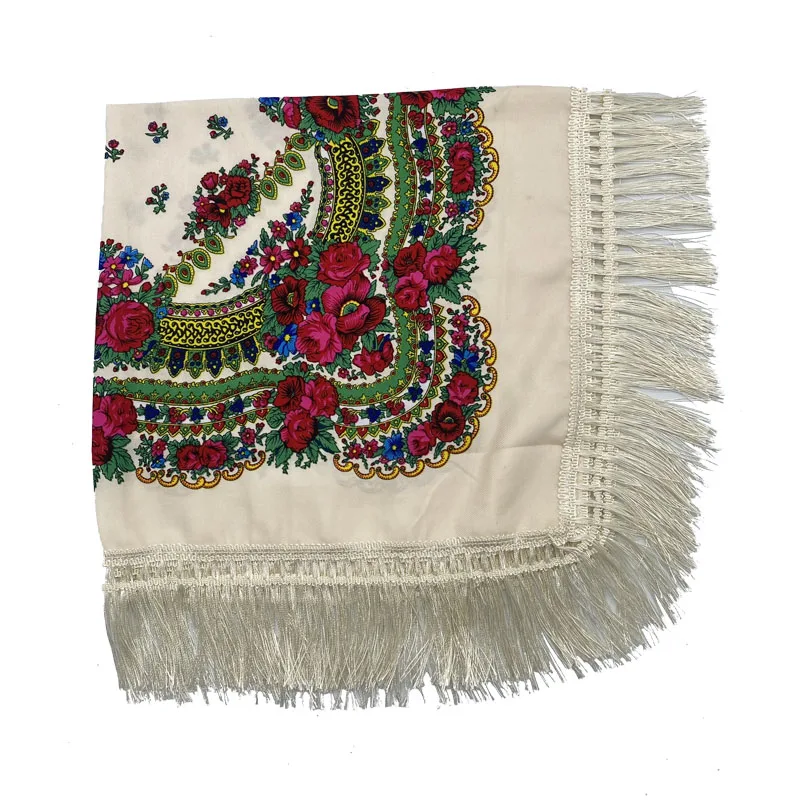 Russian Shawls Female Headwrap Floral Printed Fringed National Scarf Retro Handkerchief Women's Square Headscarf Tassels Bandana