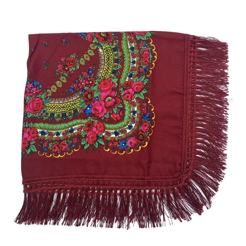 Russian Shawls Female Headwrap Floral Printed Fringed National Scarf Retro Handkerchief Women's Square Headscarf Tassels Bandana