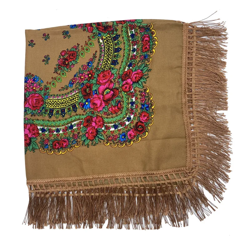 Russian Shawls Female Headwrap Floral Printed Fringed National Scarf Retro Handkerchief Women's Square Headscarf Tassels Bandana