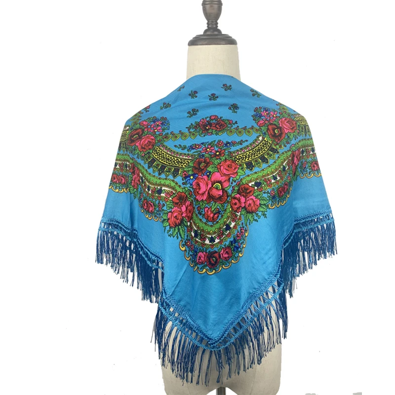 Russian Shawls Female Headwrap Floral Printed Fringed National Scarf Retro Handkerchief Women's Square Headscarf Tassels Bandana