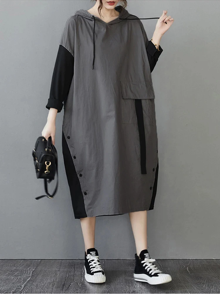 Amax luluE 2025 Womens Hooded Patchwork Loose Dress New 2024 Summer British Style Buttons Vintage Street Vestidos Casual Dresses