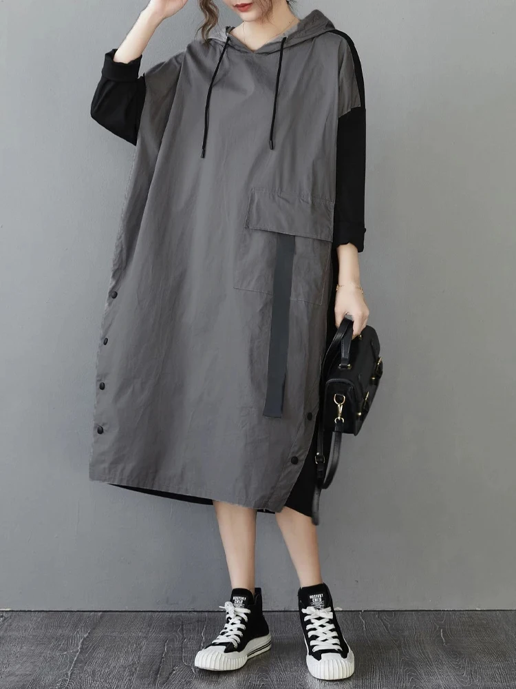 Amax luluE 2025 Womens Hooded Patchwork Loose Dress New 2024 Summer British Style Buttons Vintage Street Vestidos Casual Dresses