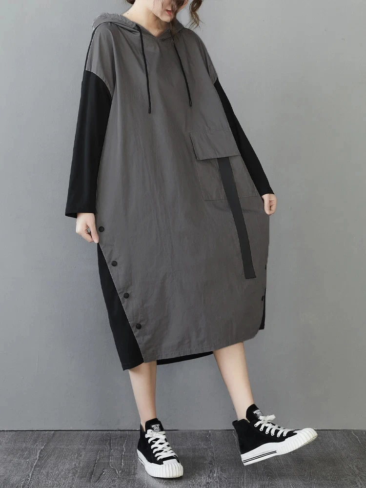 Amax luluE 2025 Womens Hooded Patchwork Loose Dress New 2024 Summer British Style Buttons Vintage Street Vestidos Casual Dresses