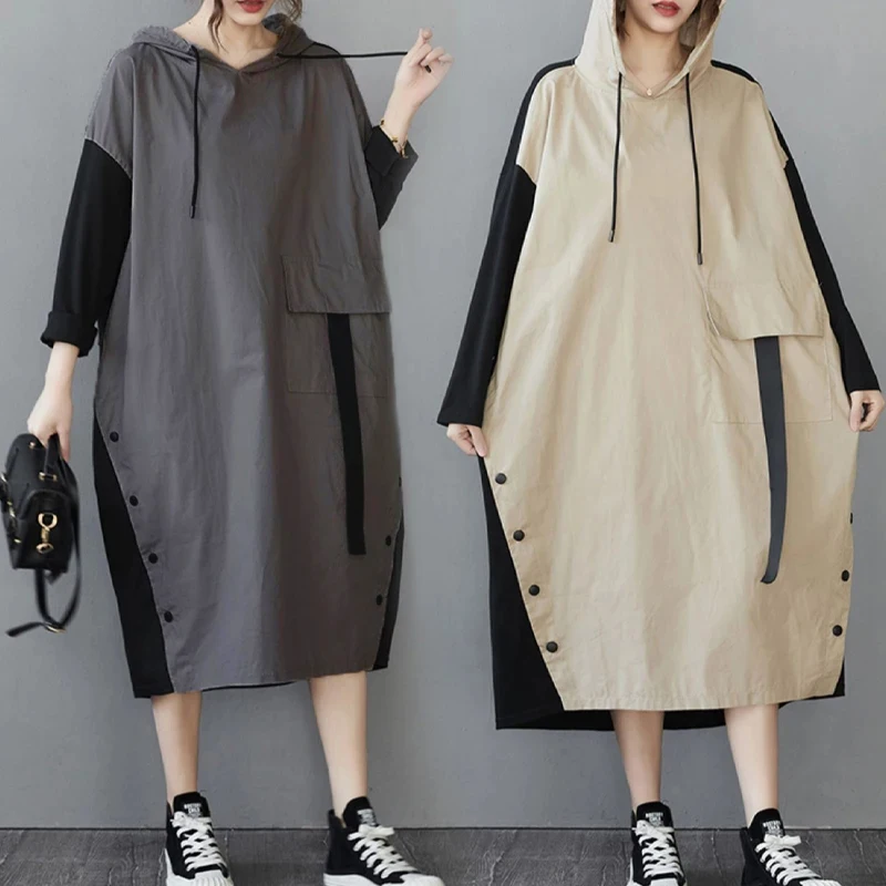 Amax luluE 2025 Womens Hooded Patchwork Loose Dress New 2024 Summer British Style Buttons Vintage Street Vestidos Casual Dresses