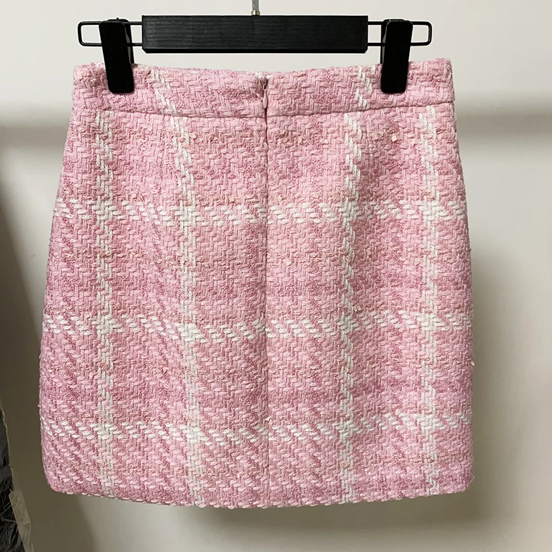 HIGH STREET Newest Fashion 2026 Designer Pink Skirts Women's Sweet Wool Blends Colors Woven Plaid Tweed Skirt