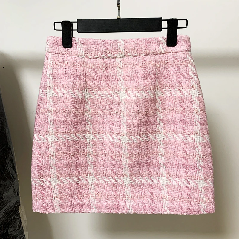 HIGH STREET Newest Fashion 2026 Designer Pink Skirts Women's Sweet Wool Blends Colors Woven Plaid Tweed Skirt