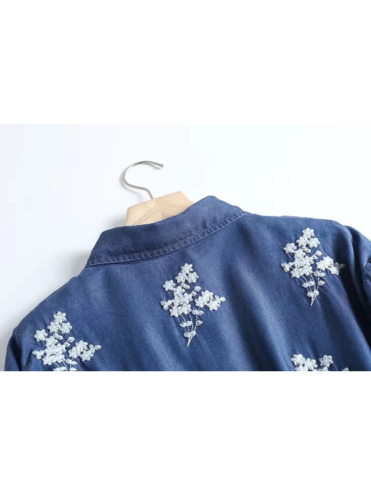 2023 Fall New Denim Shirt Embroidered Lapels Long Sleeves Vintage Casual Comfortable Sweet Blouse Woman T39526QD