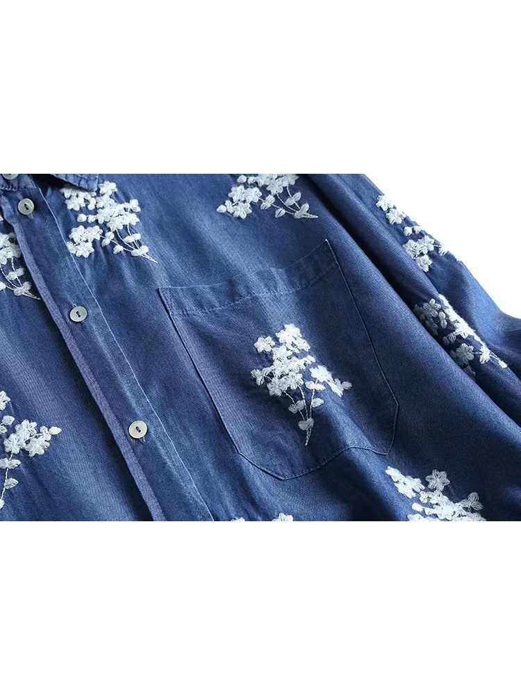2023 Fall New Denim Shirt Embroidered Lapels Long Sleeves Vintage Casual Comfortable Sweet Blouse Woman T39526QD
