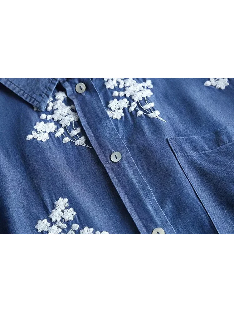 2023 Fall New Denim Shirt Embroidered Lapels Long Sleeves Vintage Casual Comfortable Sweet Blouse Woman T39526QD