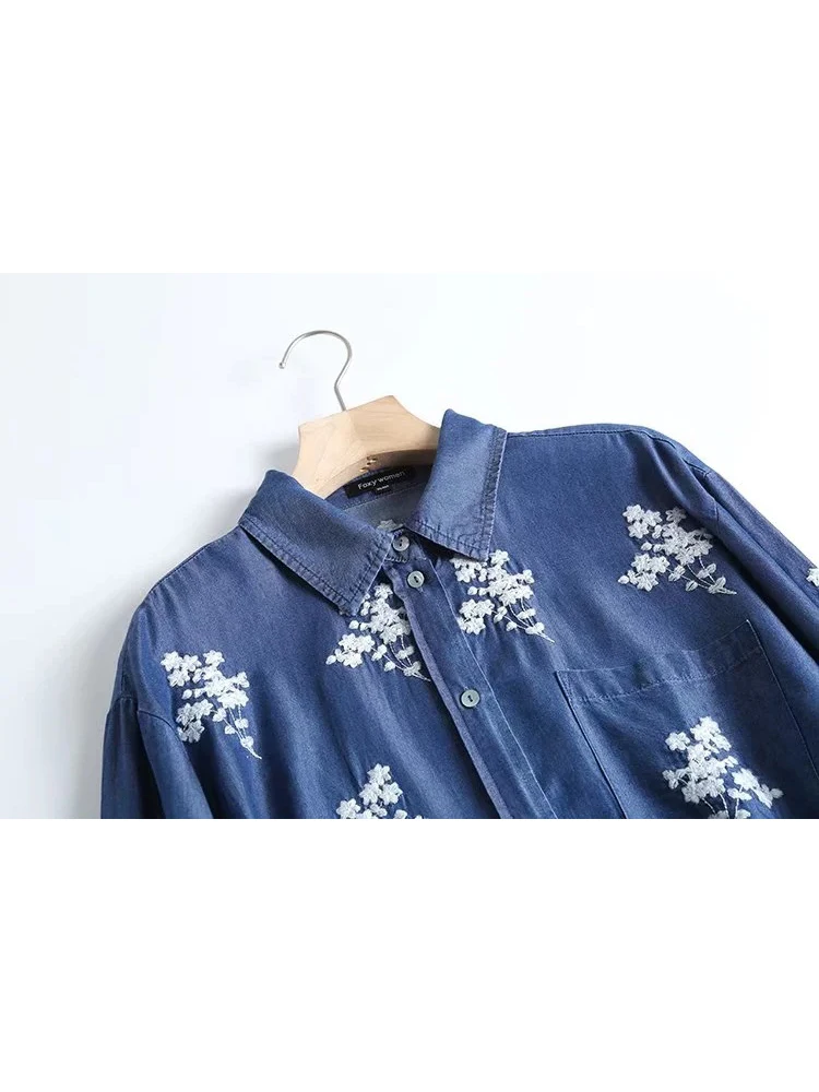 2023 Fall New Denim Shirt Embroidered Lapels Long Sleeves Vintage Casual Comfortable Sweet Blouse Woman T39526QD
