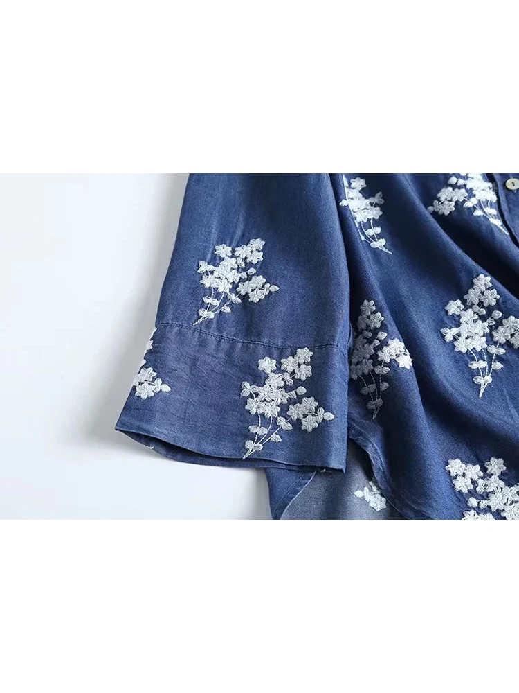 2023 Fall New Denim Shirt Embroidered Lapels Long Sleeves Vintage Casual Comfortable Sweet Blouse Woman T39526QD