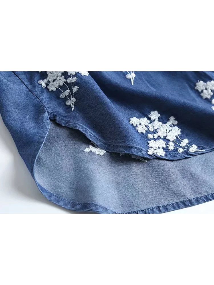 2023 Fall New Denim Shirt Embroidered Lapels Long Sleeves Vintage Casual Comfortable Sweet Blouse Woman T39526QD