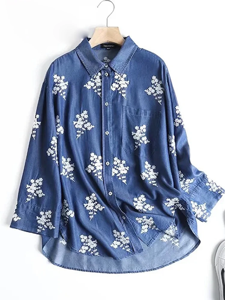 2023 Fall New Denim Shirt Embroidered Lapels Long Sleeves Vintage Casual Comfortable Sweet Blouse Woman T39526QD