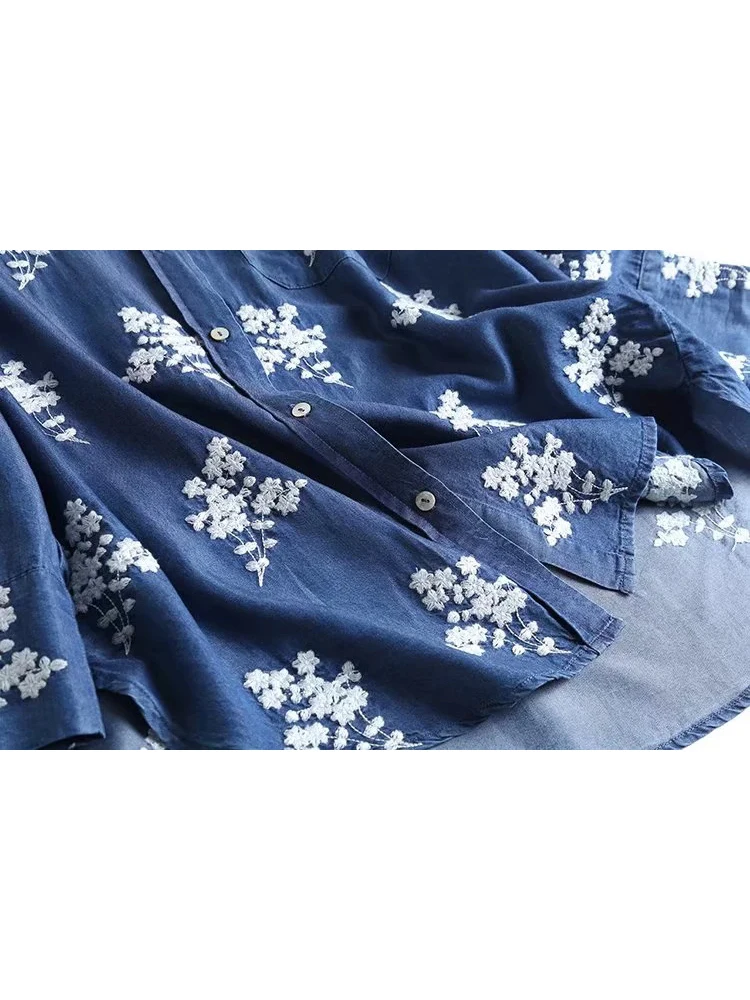 2023 Fall New Denim Shirt Embroidered Lapels Long Sleeves Vintage Casual Comfortable Sweet Blouse Woman T39526QD