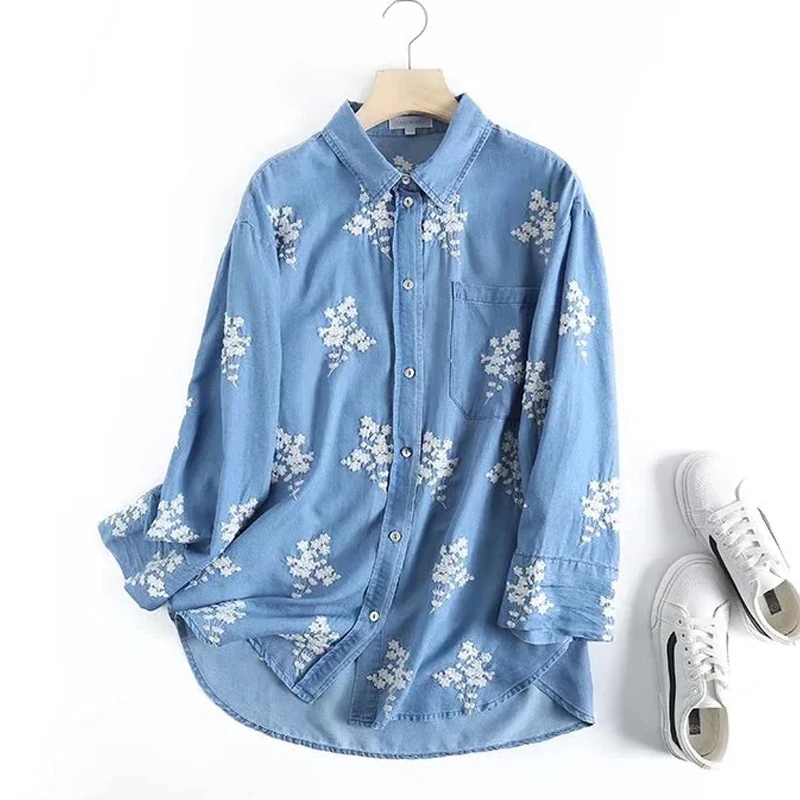 2023 Fall New Denim Shirt Embroidered Lapels Long Sleeves Vintage Casual Comfortable Sweet Blouse Woman T39526QD