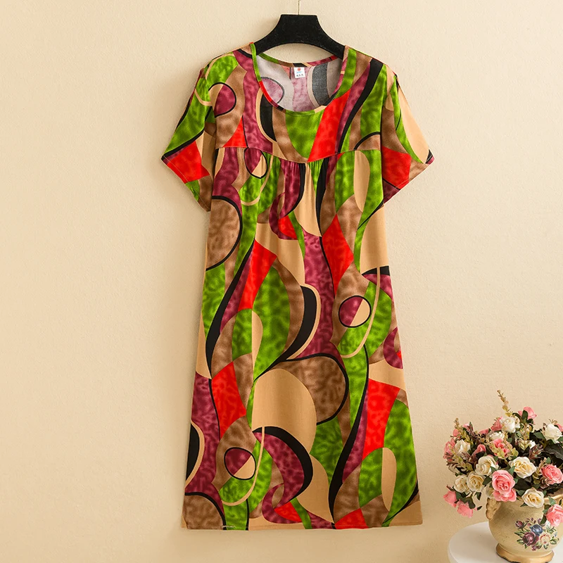New 2026 Casual Vintage Summer Dress For Women Print Flowers Short Sleeve O-neck Dresses printing Ladies Party Dress