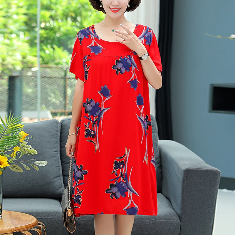 New 2026 Casual Vintage Summer Dress For Women Print Flowers Short Sleeve O-neck Dresses printing Ladies Party Dress