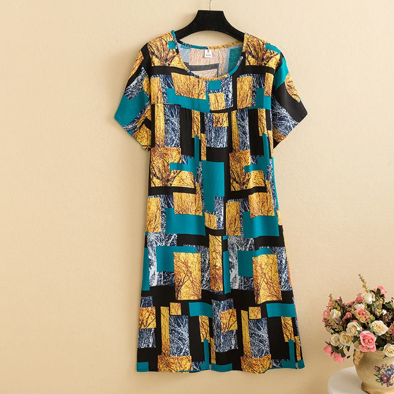 New 2026 Casual Vintage Summer Dress For Women Print Flowers Short Sleeve O-neck Dresses printing Ladies Party Dress