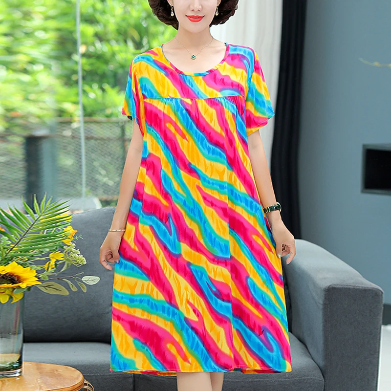 New 2026 Casual Vintage Summer Dress For Women Print Flowers Short Sleeve O-neck Dresses printing Ladies Party Dress