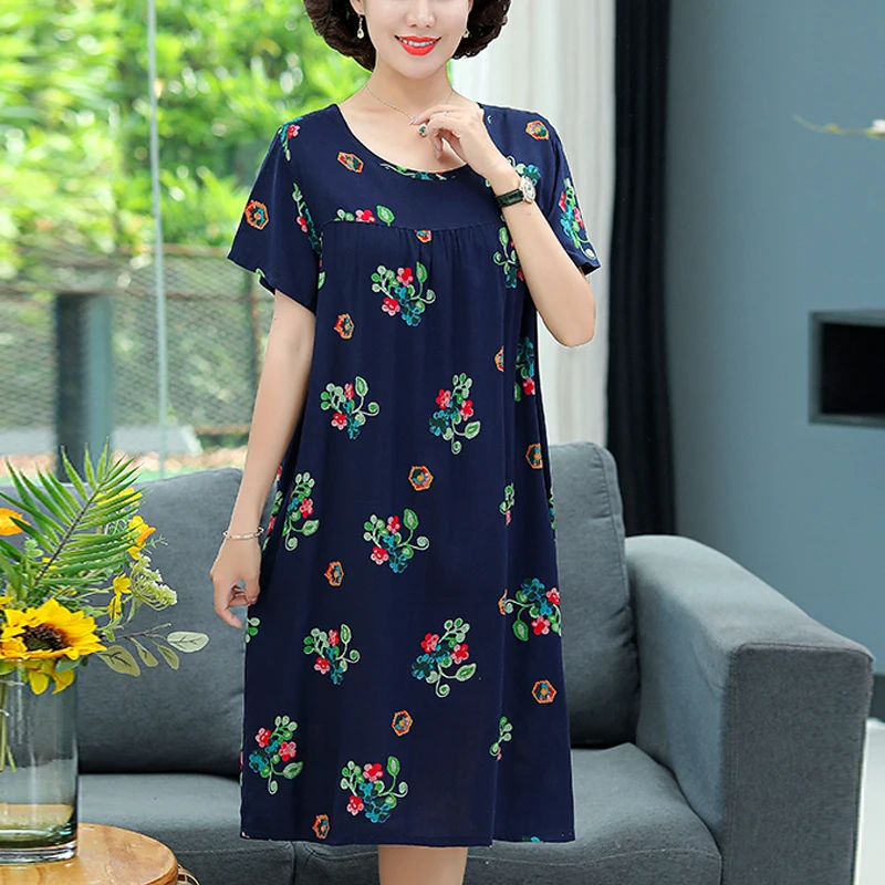 New 2026 Casual Vintage Summer Dress For Women Print Flowers Short Sleeve O-neck Dresses printing Ladies Party Dress