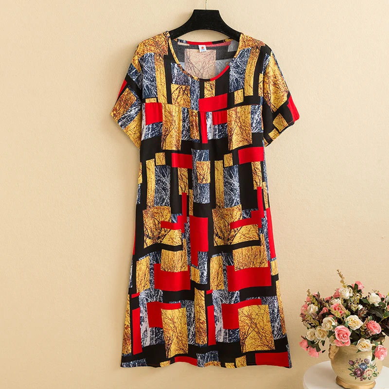 New 2026 Casual Vintage Summer Dress For Women Print Flowers Short Sleeve O-neck Dresses printing Ladies Party Dress